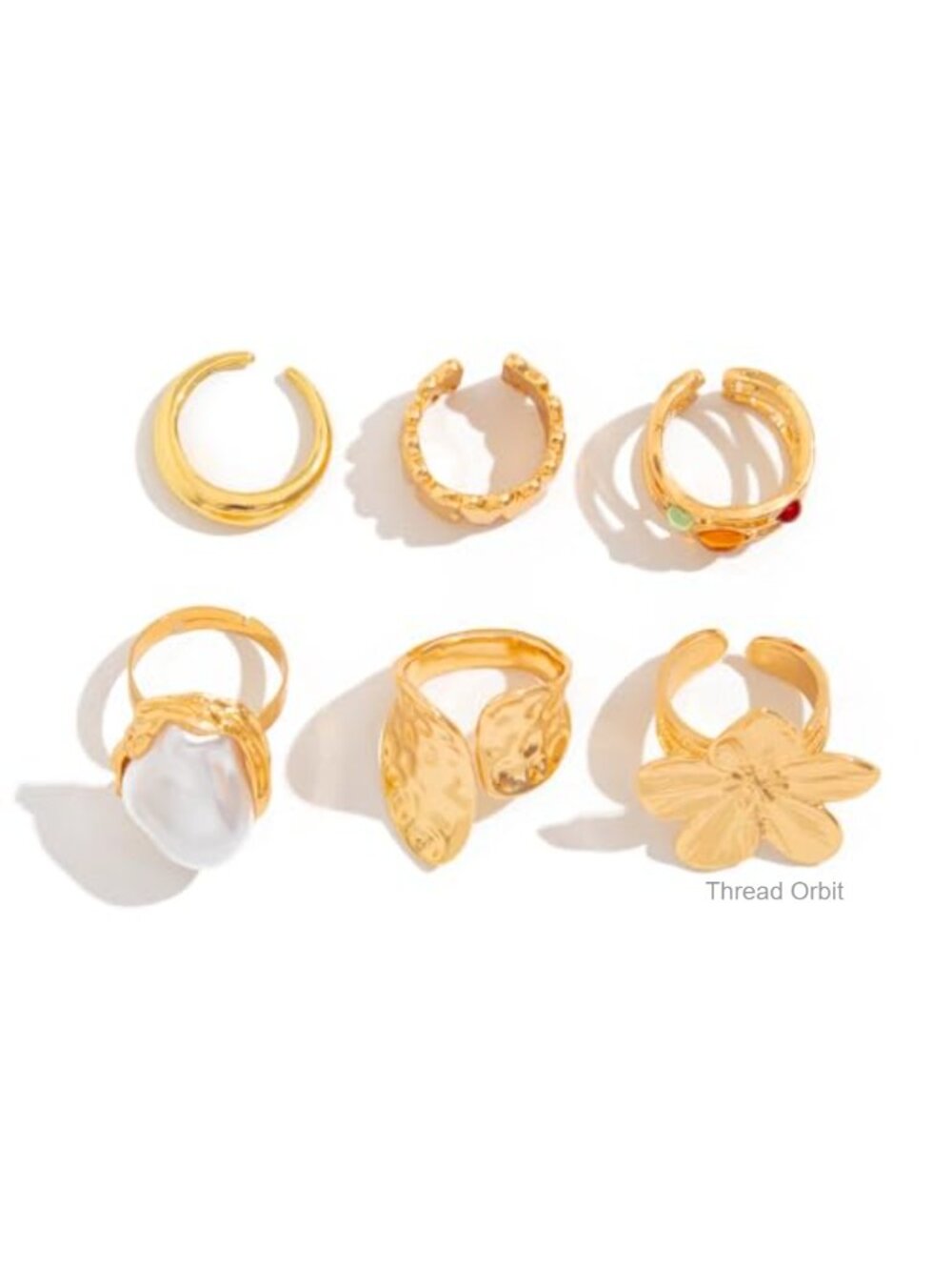 6 Dainty Stackable Statement Rings Set - Flower Baroque Pearl Adjustable